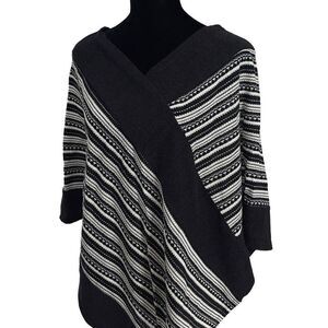 Style & Co Womens Poncho Sweater Striped Pullover 100% Acrylic Black White Small